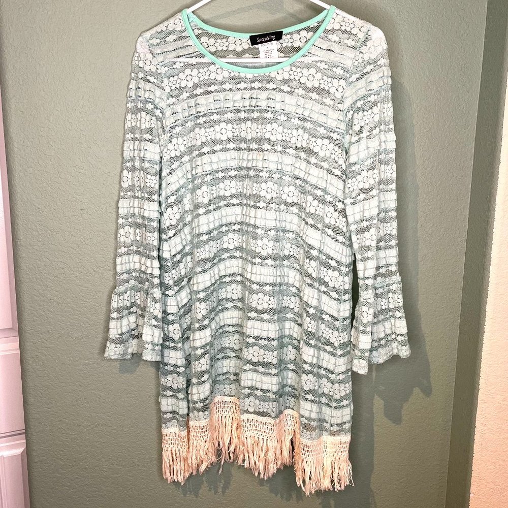 Boho Seafoam Green Floral Lace Dress with Fringe by Sassy Bling - Small